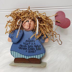 VTG “A Mother's Heart Is A Special Place” Crazy Hair Heart Wooden Figurine
